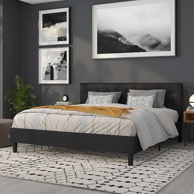 Flash Furniture Lennox Adjustable Height Button Tufted and Box Stitch Upholstered King Size Headboard in Black Vinyl