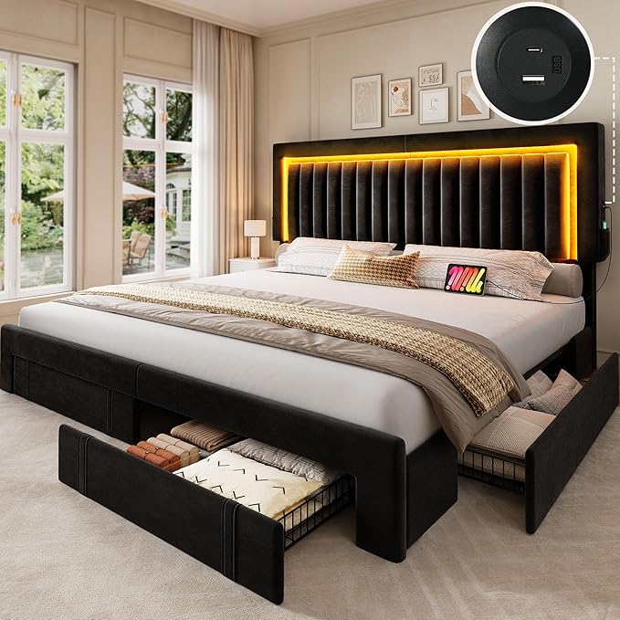 YITAHOME King Size Bed Frame with Velvet Vertical Tufted Upholstered Adjustable Headboard, 4 Storage Drawers, RGB LED Lights and USB Ports, No Box Spring Needed, Fast Assembly, Noise-Free, Black