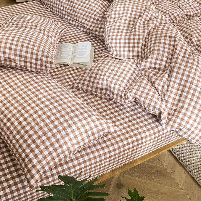 MooMee Gingham Duvet Cover Set 100% Washed Cotton Linen Like Textured Breathable Durable Soft Comfy Modern Checkered Design (Dark Orange Gingham, Full 80"x90")