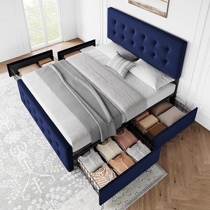 IDEALHOUSE Queen Size Bed Frame with 4 Storage Drawers and Headboard, Velvet Upholstered Platform Bed Frame with Wooden Slats Support, Button Tufted Design, No Box Spring Needed, Blue