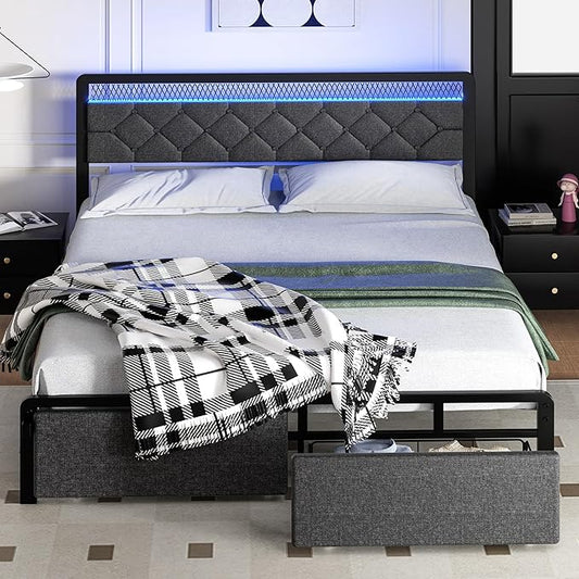Shintenchi Queen Size Bed Frame with Headboard, Metal Platform Bed Frames Queen Size with 2 Under-Bed Storage Drawers, LED Lights, Soft Linen, Noise Free, No Box Spring Needed, Easy Assembly, Gray