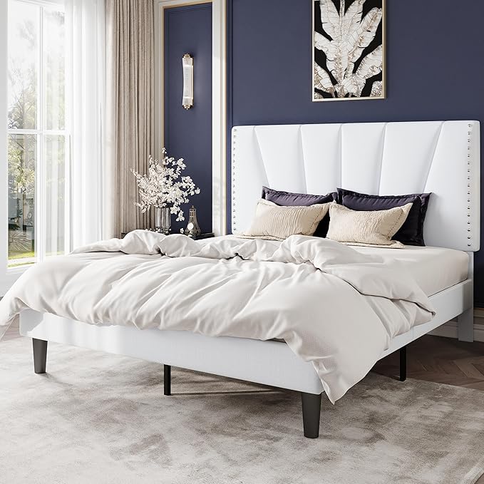 SHA CERLIN Queen Size Bed Frame with Adjustable Upholstered Velvet Rivets Headboard, Sturdy Wooden Slats, Strong Platform Support for Mattress, No Box Spring Needed, Easy Assembly, White