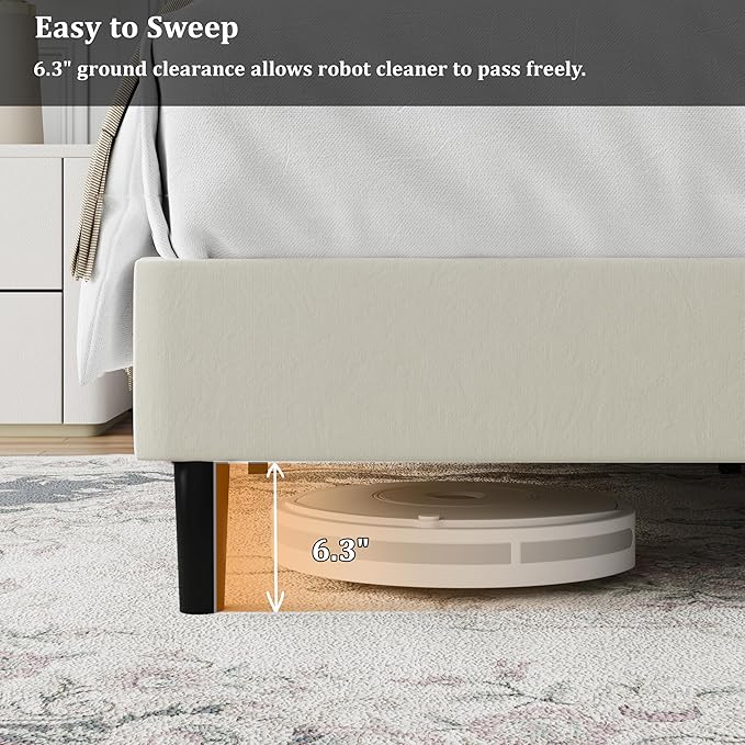Queen Bed Frame, Padded Platform Bed Frame with Velvet Headboard, Vertical Quilted Design, Sturdy Slatted Mattress Base, No Spring Mattress Required, Easy to Assemble, Beige