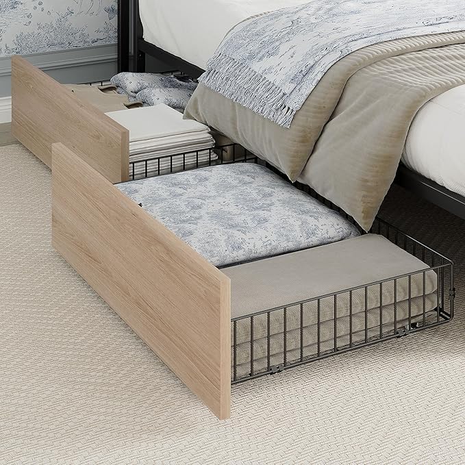 LIKIMIO King Bed Frame with 4 Storage Drawers, Platform Bed with Charged Headboard, Sturdy and Stable, No Noise, No Box Spring Needed, Easy Install, Wood and Cream