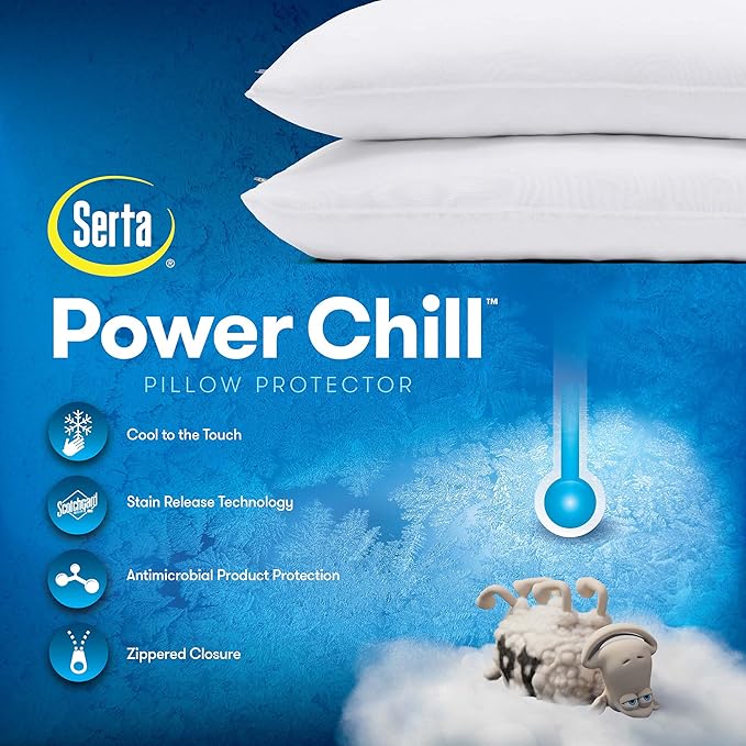 Serta Power Chill Cooling Pillow Protectors, Stain Resistant and Zippered Protector, Protects-Pillow from Dust and Dirt, Standard/Queen, White , 2 Count (Pack of 2)