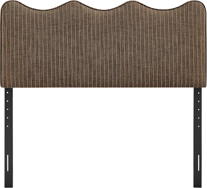Monday Athena Striped Fabric Upholstered Full Size Adjustable Headboard in Earth Stripe - with Scalloped Wave Design and Soft Linen-Like Fabric