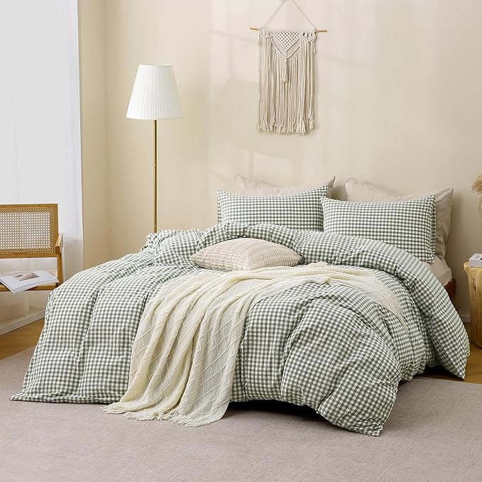 TOCOMOA Green Gingham Duvet Cover Bedding Set 100% Washed Cotton Like Linen Feel Super Soft Comfortable 3 Piece Vintage Plaid Checkered Comforter Cover Set (Queen 90"x90", Comforter Not Included)