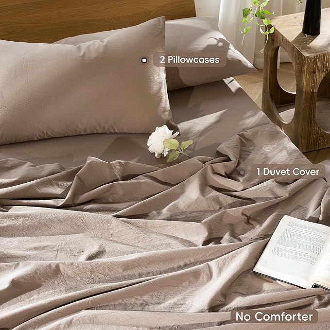 MooMee Bedding Duvet Cover Set 100% Washed Cotton Linen Like Textured Breathable Durable Soft Comfy (Solid Brown, King 104"x90")
