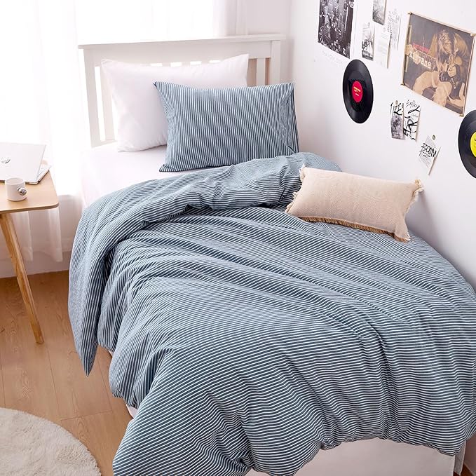 Wake In Cloud - Striped Cotton Duvet Cover Set, 100% Washed Cotton Textured Percale Bedding Set, Ticking Stripe Pinstripe Farmhouse, 3 Pieces, Denim Blue, Twin Size
