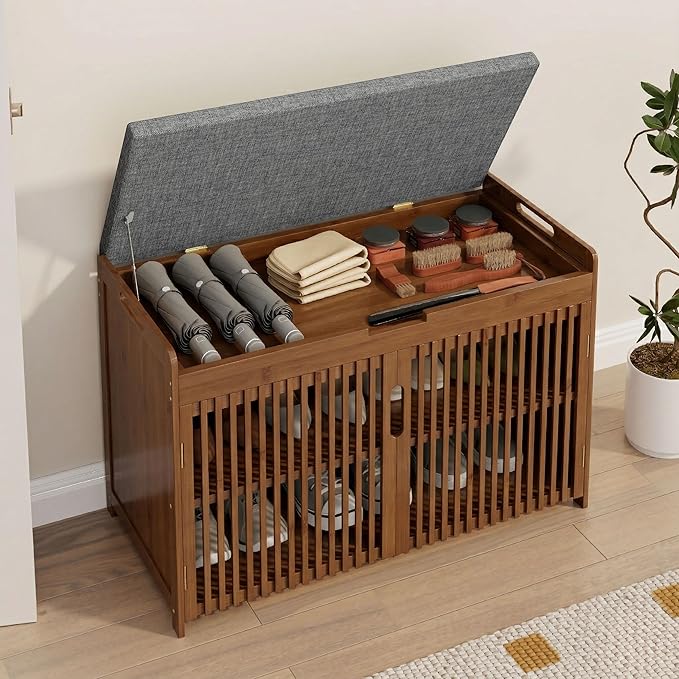WISUCART Shoe Storage Bench with Cushion Seat, Bamboo Entryway Shoe Rack Bench, 2-Tier Shoe Organizer for Entryway, Bedroom, Hallway, Living Room, Holds Up to 330 lbs, Brown