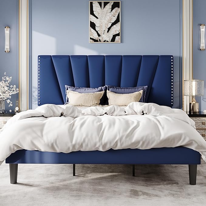 SHA CERLIN King Size Bed Frame with Adjustable Upholstered Velvet Rivets Headboard, Sturdy Wooden Slats, Strong Platform Support for Mattress, No Box Spring Needed, Easy Assembly, Blue