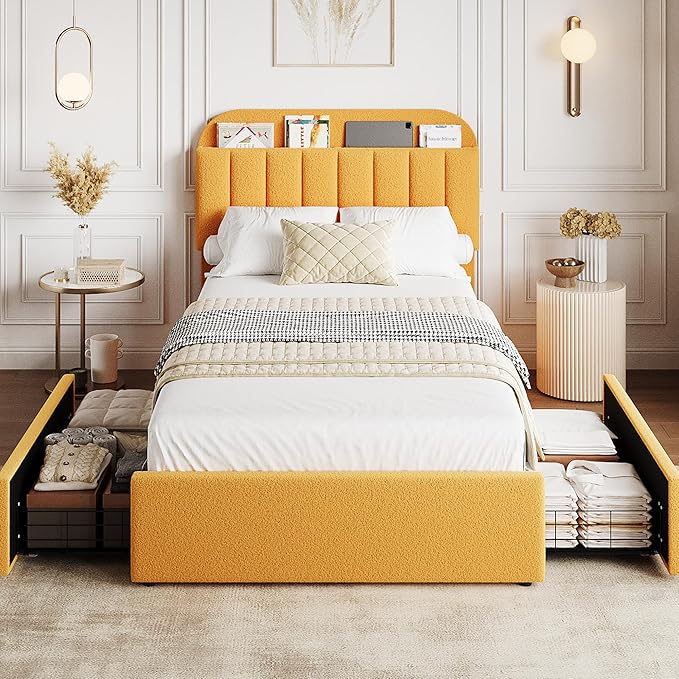GarveeHome Twin Bed Frame with Storage Headboard, Kids Bed Frame with 2 Drawers, Boucle Upholstered Platform Bed with Bookcase, No Box Spring Needed, Easy Assembly, Yellow