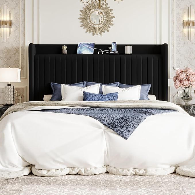 SHA CERLIN King Size Velvet Bed Frame with USB Charging Station, Wingback Storage Headboard, Upholstered Platform Bed with Wooden Slats Support, No Box Spring Needed, Easy Assembly, Black