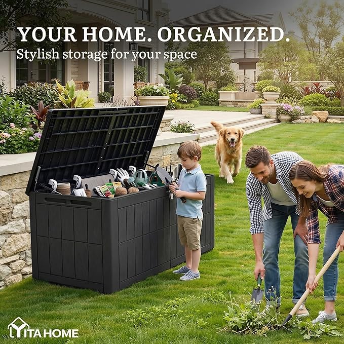 YITAHOME 134 Gallon Large Outdoor Storage Box with Lock, Waterproof Deck Box with Hydraulic Piston for Garden Tools, Pool Accessories & Cushions, Resin Deck Organizer with Bench Seat(Black)