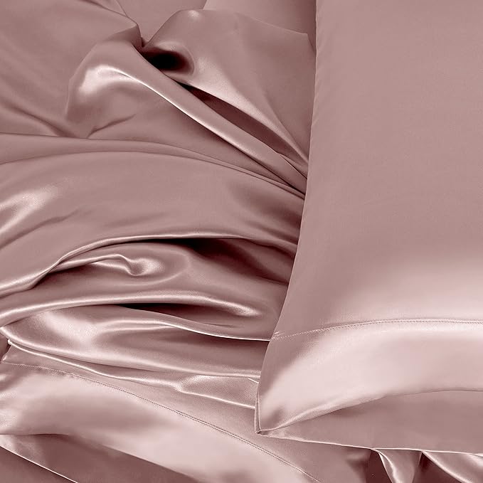 Homiest 4pcs Satin Sheets Set Luxury Silky Satin Bedding Set with Deep Pocket, 1 Fitted Sheet + 1 Flat Sheet + 2 Pillowcases (Full Size, Rose Gold)