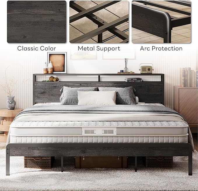LIKIMIO King Bed Frame with Headboard, Dark Wood Camas King with Strong Supports, Sturdy, Noise-Free, No Box Spring Needed, Grey