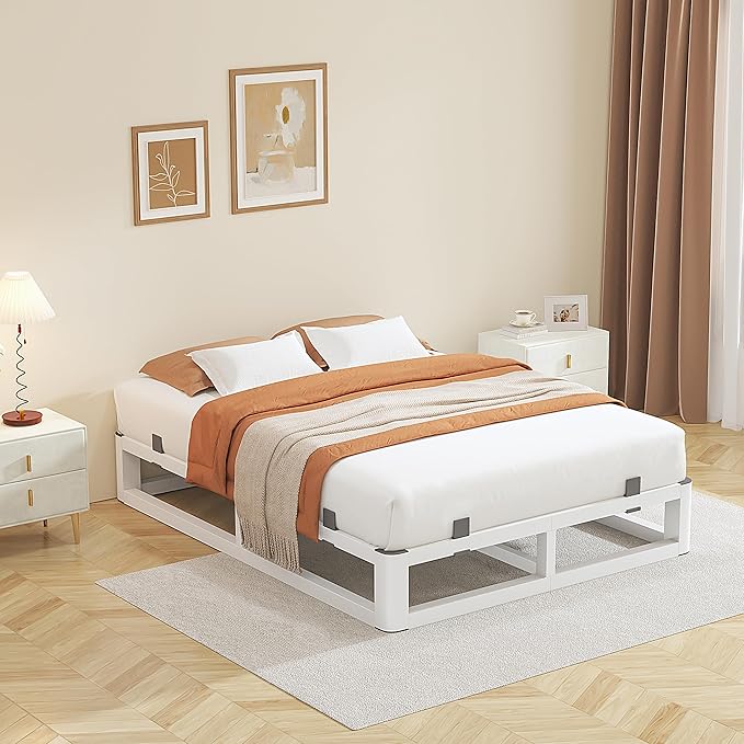 10 Inch Full Size Bed Frame with Rounded Corner and Squeak Free U-Slot Design, Metal Platform Bed Frames 6 Non-Slip Guards, 3500lbs Heavy Duty Steel Slat Support, No Box Spring Needed, White