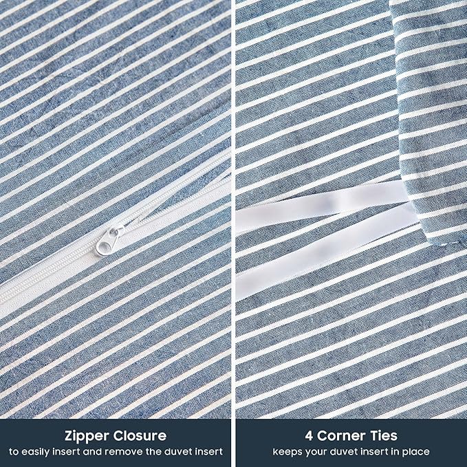 Wake In Cloud - Striped Cotton Duvet Cover Set, 100% Washed Cotton Textured Percale Bedding Set, Ticking Stripe Pinstripe Farmhouse, 3 Pieces, Denim Blue, Twin Size