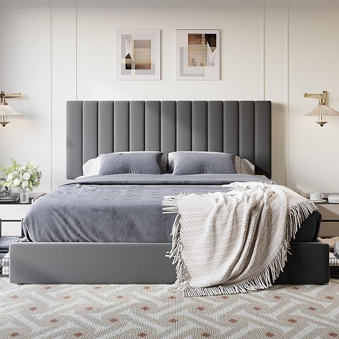 SHA CERLIN King Size Platform Bed Frame with 4 Storage Drawers, Vertical Channel Tufted Adjustable Headboard, Velvet Upholstered, Wooden Slats Support, No Box Spring Needed, Easy Assembly, Grey
