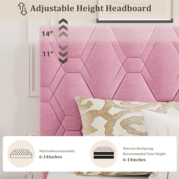 GarveeHome Pink Queen Bed Frame with Upholstered Headboard, Heavy-Duty Platform Bed Frame with Strong Wood Slats, No Box Spring Needed/Noise Free/Easy Assembly