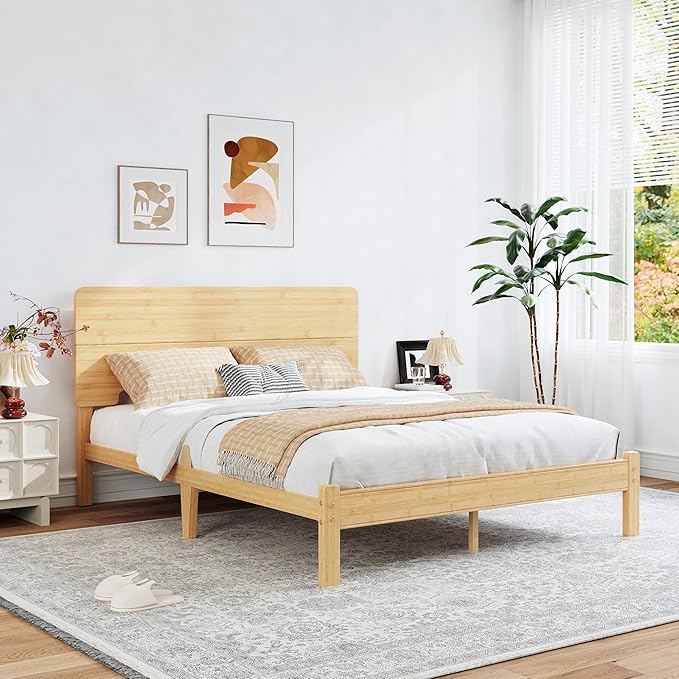 BOSRII 12in High Solid Bamboo Wood Platform Full Size Bed Frame with Headboard, Reinforced Heavy Duty Metal Slats, Noise Free, No Box Spring Needed, Easy Assembly