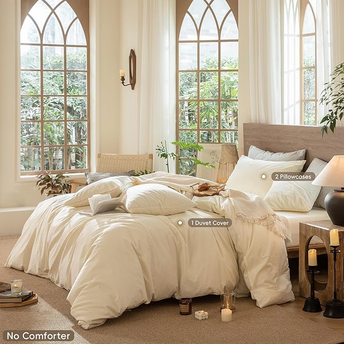 MooMee Wavy Striped Duvet Cover Set 100% Washed Cotton Linen Like Textured Breathable Durable Soft Comfy (Cream White, Palatial King/Oversized King 120"x98")