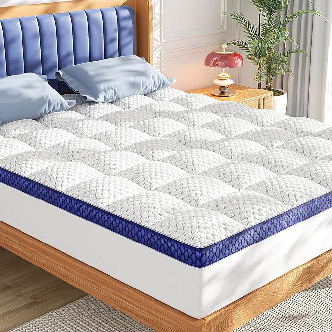 BEDELITE Queen Mattress Topper 3 Inch Thick Mattress Pad, Plush Pillow Top Bed Cover with Elastic Deep Pockets Up to 6-24 Inch for Pressure Relief, Shredded Memory Foam Filling