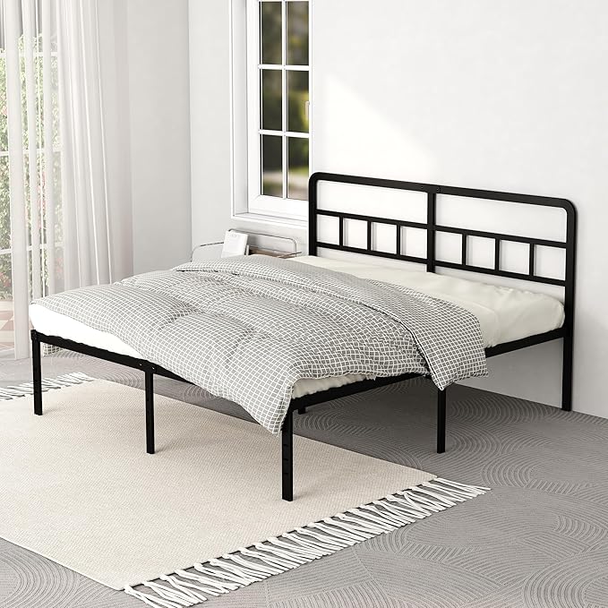 DiaOutro King Size Bed Frame with Headboard, 18 Inch Metal Platform No Box Spring Needed Heavy Duty Steel Slat Mattress Foundation/Easy Assembly/Noise Free/Black