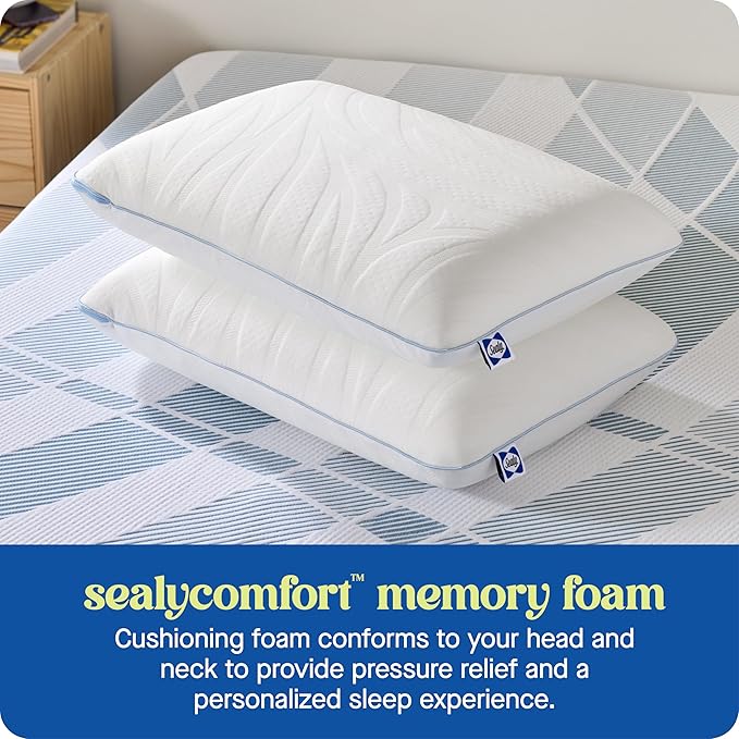 Sealy Dreamlife Queen Size Memory Foam Cooling Pillow with Surface Guard Technology, Removable Machine-Washable Cover, 1 Year Limited Warranty, White