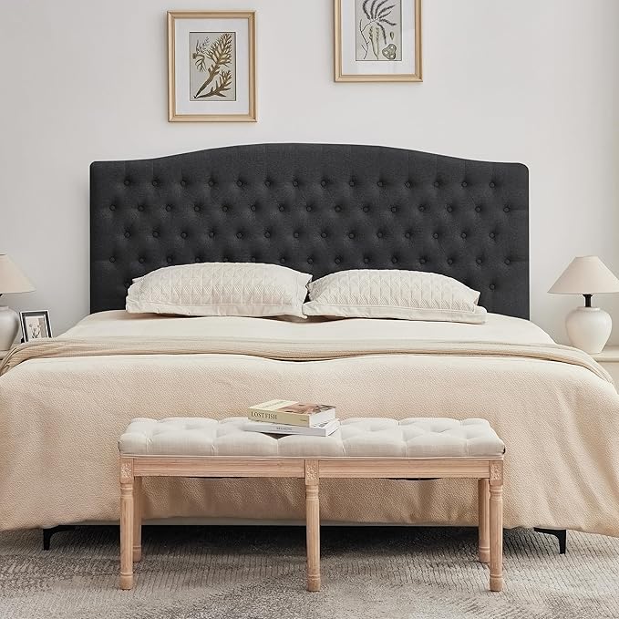 Tufted Upholstered Tall Headboard King Size, Sturdy and Durable Solid Wood Bed headboards, Comfortable Linen Fabric King Headboard Only, Modern Luxury Button Diamond Design Head Board, Black