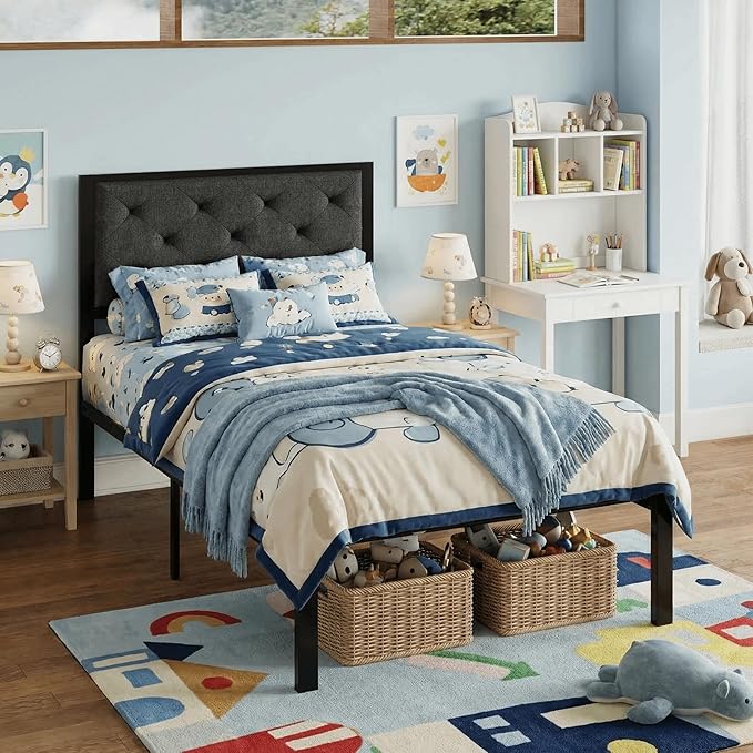 SHA CERLIN Twin Size Metal Platform Bed Frame,Linen Upholstered Button Tufted Headboard, Mattress Foundation with 12.4” Under-Bed Storage, Noise-Free, Easy Assembly, No Box Spring Needed, Dark Grey