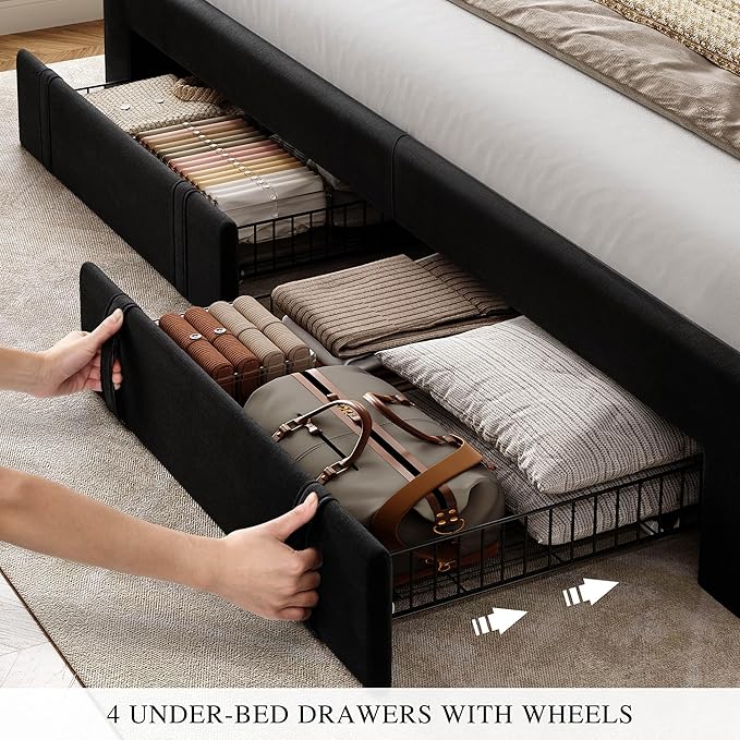 YITAHOME King Size Bed Frame with Velvet Vertical Tufted Upholstered Adjustable Headboard, 4 Storage Drawers, RGB LED Lights and USB Ports, No Box Spring Needed, Fast Assembly, Noise-Free, Black