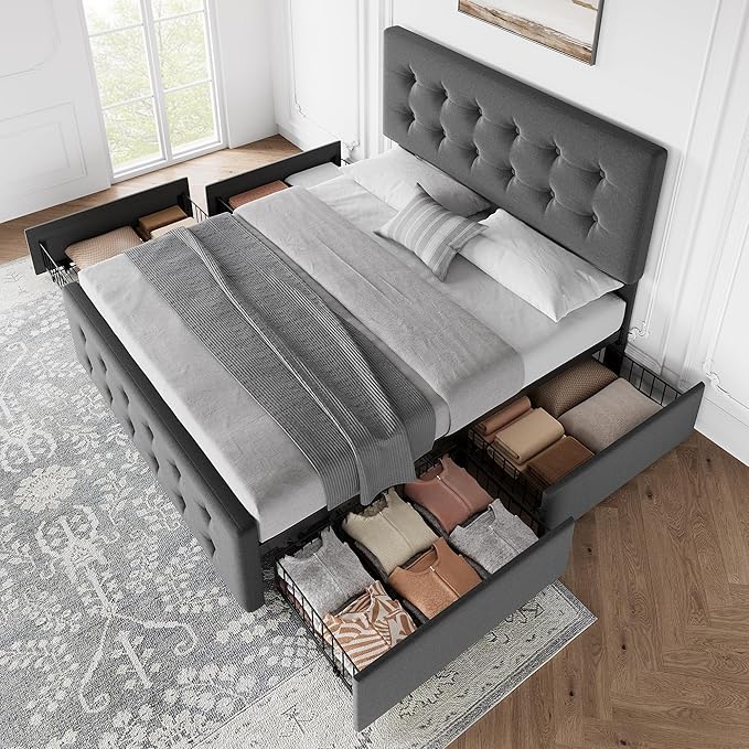 IDEALHOUSE Full Size Bed Frame with 4 Storage Drawers and Adjustable Headboard, Upholstered Mattress Foundation with Skin-Frienly Linen, No Box Spring Needed, Dark Grey (Full)