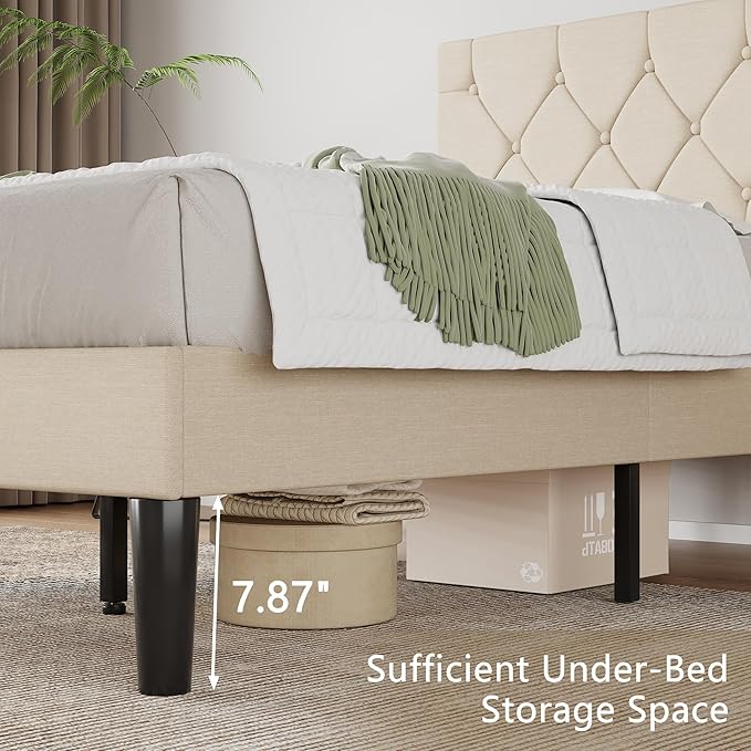 VECELO Twin Size Bed Frame with Button Tufted Headboard, Upholstered Platform Bedframe with Wood Slat Support, No Box Spring Needed, Dark Beige