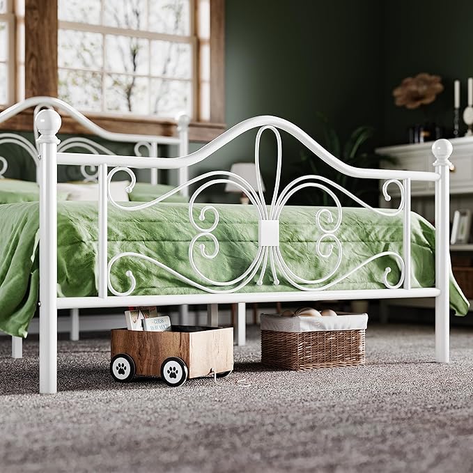 Allewie Queen Size Bed Frame with Headboard,Metal Bed Frame with Butterfly Pattern Design Headboard & Footboard,No Box Spring Needed,Easy Assembly,White