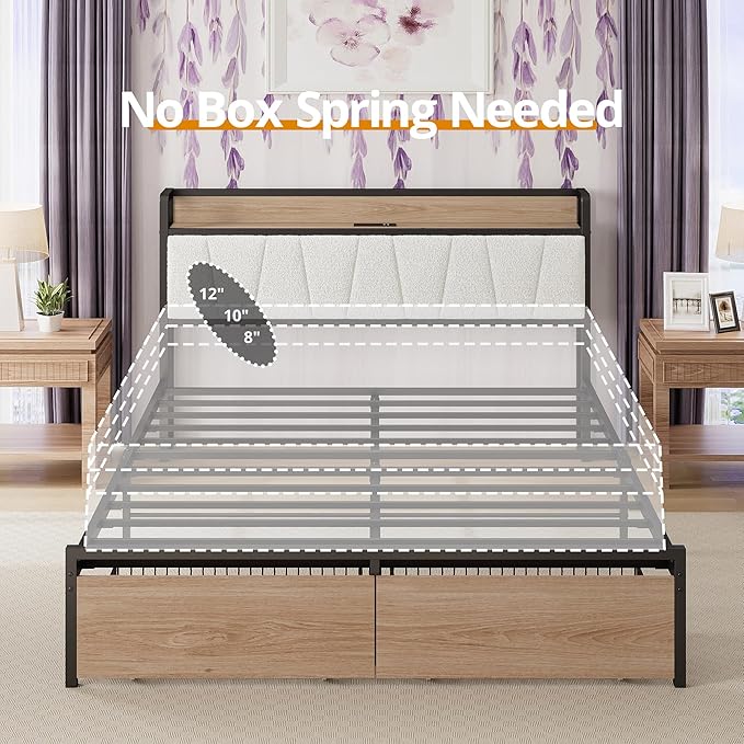 LIKIMIO Queen Size Bed Frame, Storage Headboard with Charging Station, Platform Bed with Drawers, No Box Spring Needed, Easy Assembly, Wood and Cream