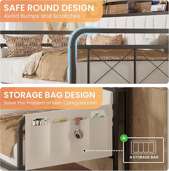 LIKIMIO Twin XL Daybed, Day Bed with Trundle, Storage Upholstered Headboard and Charging Station, Trundle Bed with Strong Supports for Living Room, Bedroom, and Guest Room, Beige