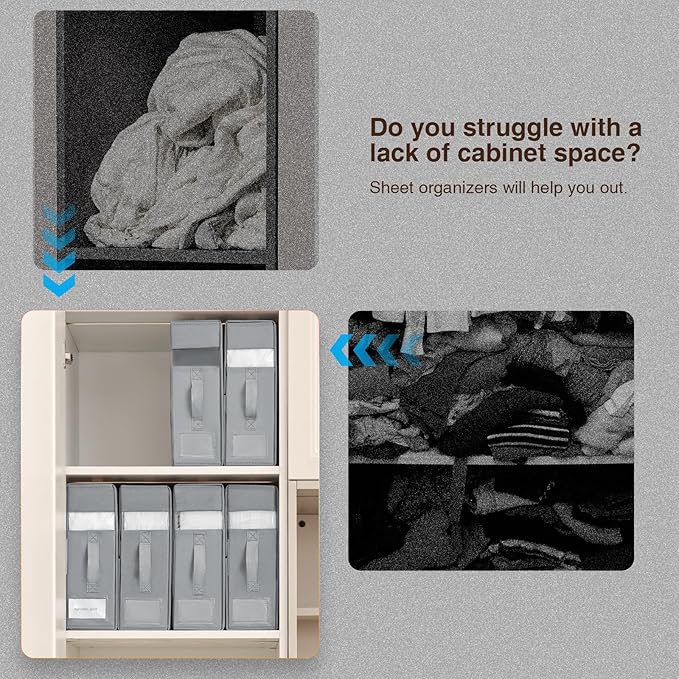 DIMJ Bed Sheet Organizers and Storage 6 Pack - Foldable Sheet Holder, Linen Closet Organizer Box for Sheets Set, Bedding, Blankets, Towel (King & Queen Size), Grey