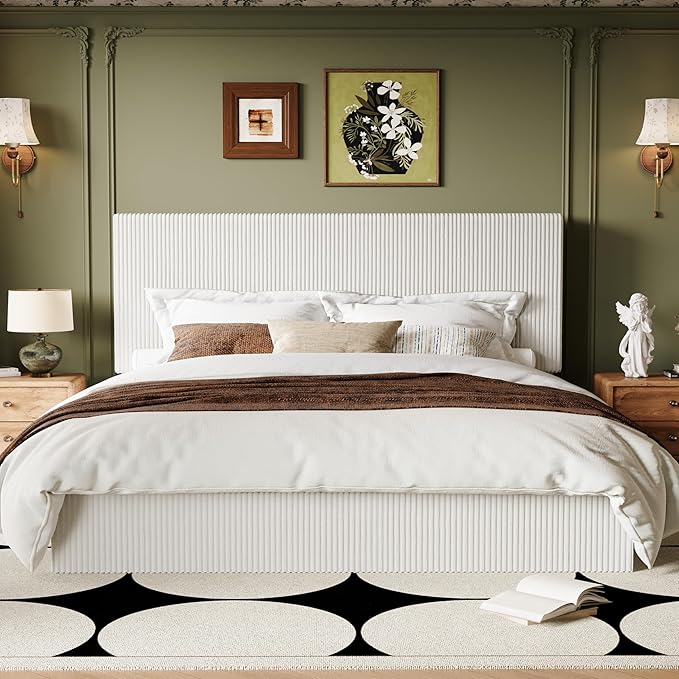 Allewie King Bed Frame, Upholstered Platform Bed, Adjustable Vertical Channel Tufted Headboard, Corduroy Fabric, Modern Low Profile, Wooden Slats, No Box Spring Needed, Easy Assembly, White