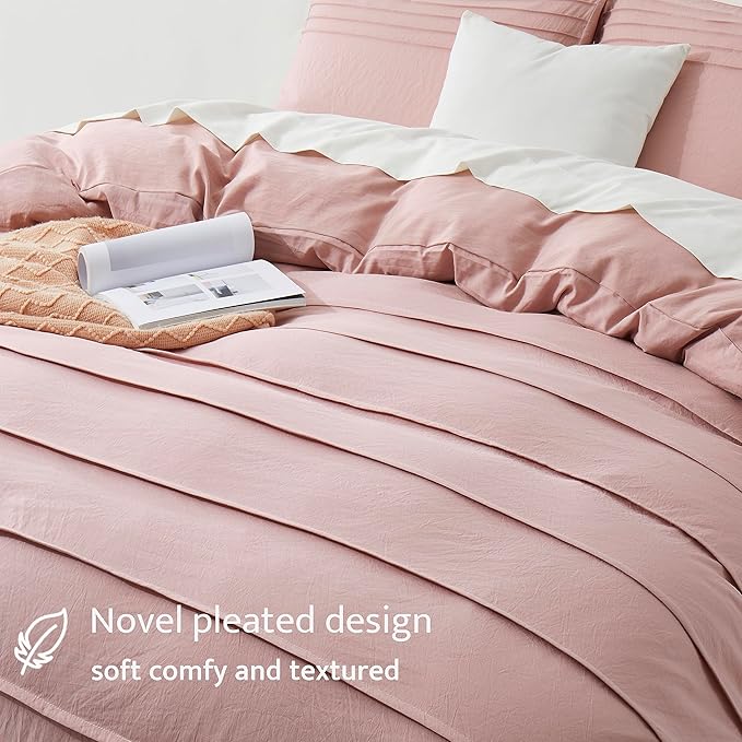 Oli Anderson Misty Rose Duvet Cover King Size - Pleated King Duvet Cover, 3PCS Soft and Breathable Textured Bedding Set with Zipper Closure(Misty Rose,104"x90")