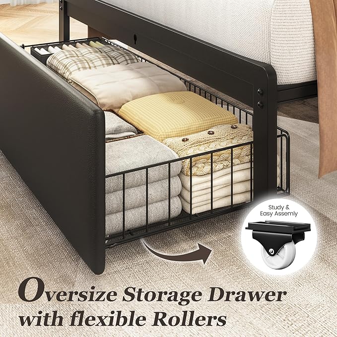 Fluest Twin Bed Frame with Storage Drawer, Upholstered Headboard Button Tufted Bed Frame with Charging Station, No Box Spring Needed, Noise-Free, All Metal Structure, Black