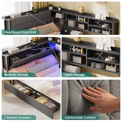 Full Corner Bed Frame with Storage Drawers and Bookcase & Flip-up Storage Headboard, Full Size Platform Corner Bed Frame with Charging Station and LED Lights, Full Daybed for Dorm or Guests, Grey