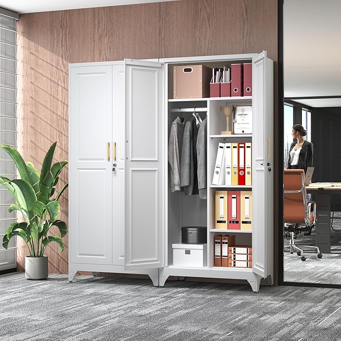 SteeLoong Metal Wardrobe Closet,71" H Wardrobe Cabinet with Locking Doors,White Clothing Storage Cabinets with Hanging Rod and 3 Adjustable Shelves,Armoire Wardrobe Closet for Home Office,School,Gym