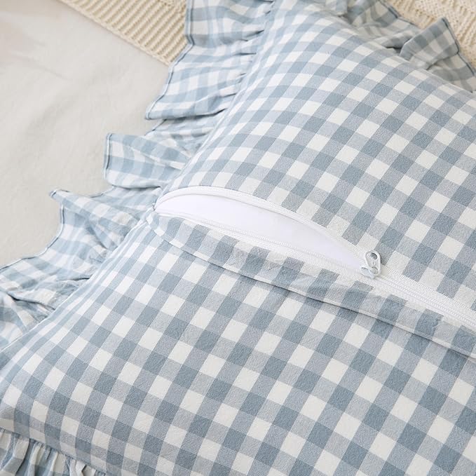 Blue White Plaid Ruffled Body Pillow Sham Washed Cotton Shabby Checkered Gingham Pillow Cover 20"x54"