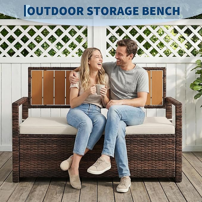 Outdoor Storage Bench with Cushion, 2-Person All-Weather PE Rattan Patio Bench with Backrest & Armrests, Waterproof Wicker Deck Box Seat for Garden, Porch, Poolside & Backyard, Metal Frame，Brown