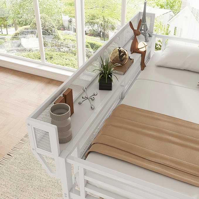 SOFTSEA Metal Loft Bed Storage Shelves, Twin XL Size Loft Bed Frame with Wardrobe, High Loft Beds with Stairs and Guardrail for Kids Bedroom, No Box Spring Needed, White