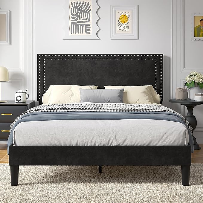VECELO King Bed Frame with Rivet-Tufted Headboard & Footboard, Upholstered Platform Bed with Wood Slats Support, No Box Spring Needed, Noise-Free, Easy Assembly, Black