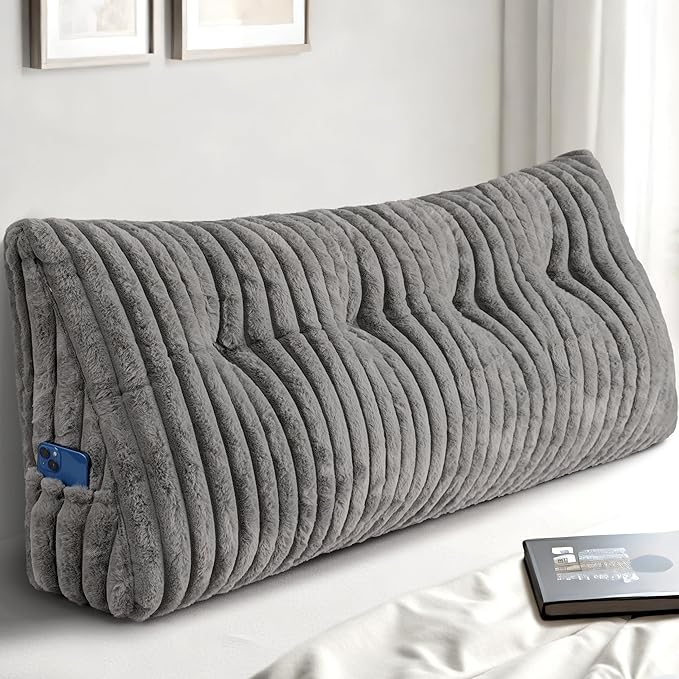 Headboard Pillow Full, Triangular Wedge Pillow Headboard Full, Cushion Headboards Reading Pillows, Backrest Pillows for Sitting in Bed or Working with Removable Cover, Grey