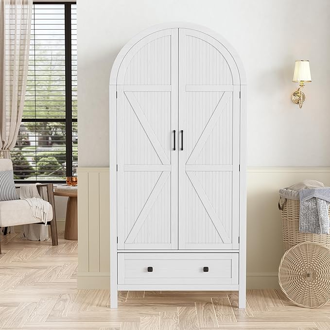 PAKASEPT Armoire Wardrobe Closet with Drawers and 2 Arched Fluted Doors, 70.9‘’ Tall Wooden Bedroom Armoire with LED Light & Shelves and Hanging Rod (White)