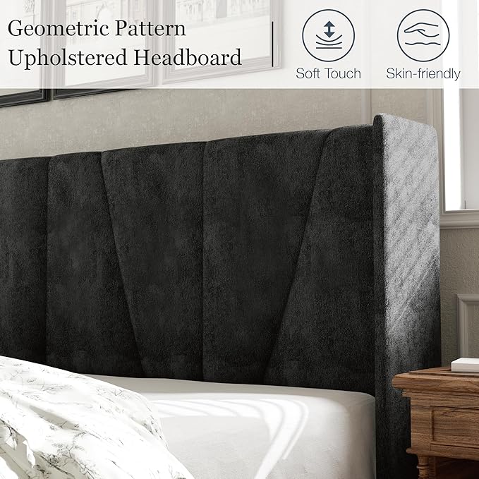HAOARA Full Bed Frame with Headboard, Velvet Upholstered Platform Bed Frames with Wingboard, Contemporary Mattress Foundation, Noise Free, No Box Spring Needed, Easy Assembly, Black